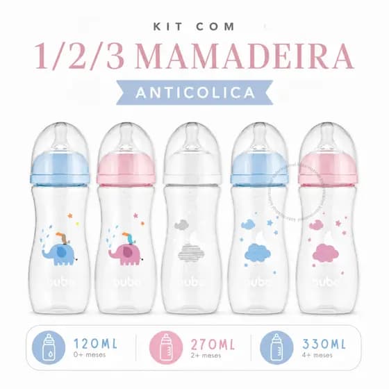 Kit Mamadeira Buba 1/2/3 Anticólica Buba 120ml 270ml 330ml Bico Silicone