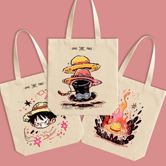 Kit 3 Ecobag Anime One Piece Luffy Chápeu De Palha Sacola Ecológica Casual