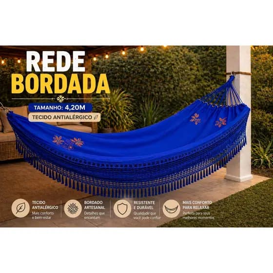 Rede De Dormir Descanso Luxo 4,20m Sol a Sol Gigante Bordada Resistente Tecido Antialérgica Grosso