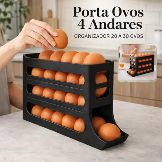 Kit Até 02 Porta Ovos Automático 4 Andares Preto e Branco Organizador Geladeira 20-30 Ovos
