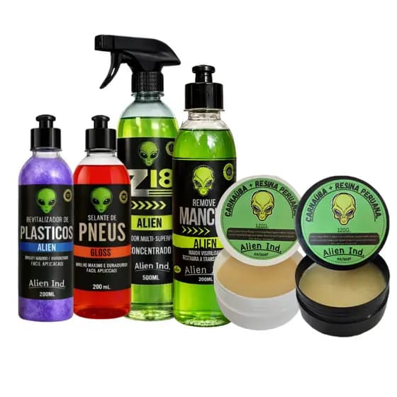 Kit 6 Produtos Cera Alien Pretinho Pneu Removedor Manchas Vidro Limpa Teto Revitalizador Plástico