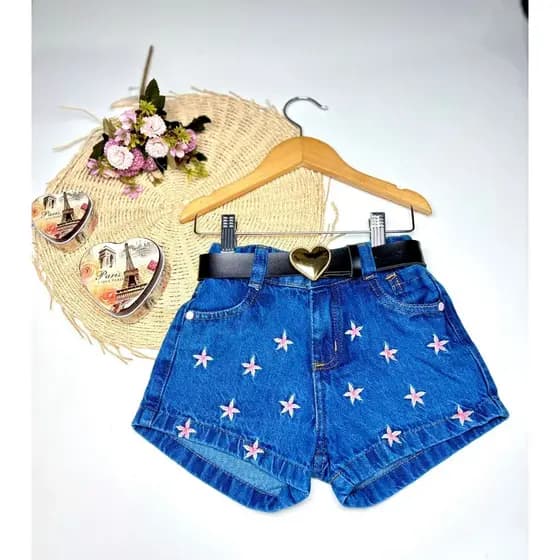 Krica Kids - Short Jeans Infantil Menina Bordado Estrelas Com Cinto