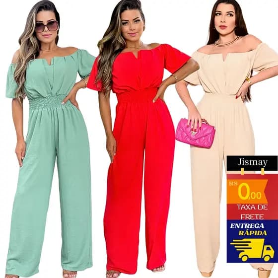 Macaçã̃o Longo Feminino Elegante Festa Ombro a Ombro Gola Canoa Luxo