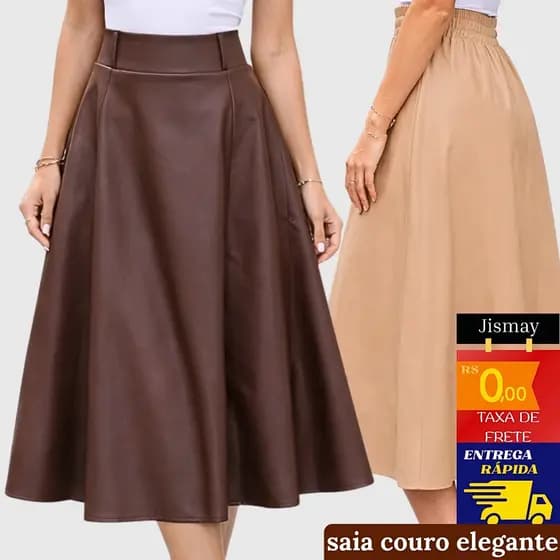Saia Midi Couro Ecológico Feminina Cintura Alta Rodada Elegante Premium Moda Inverno Tendência 2026