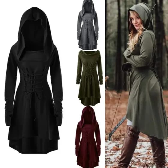 Archer Mulheres Renascentista Arqueiro cosplay Trajes Com Capuz Robe Rendas Até Vintage Pulôver Longo Vestido Manto Hall