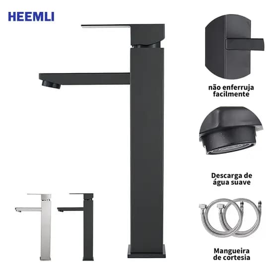 Heemli torneira banheiro inox monocomando Lavabo Saída Alta para Cuba Quadrado Pintura Preta Ajuste de Água Quente Fria