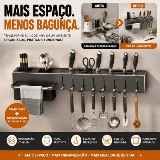 Prateleira Organizadora de Cozinha Multifuncional Metal com Ganchos e Cesto - BM-F1328