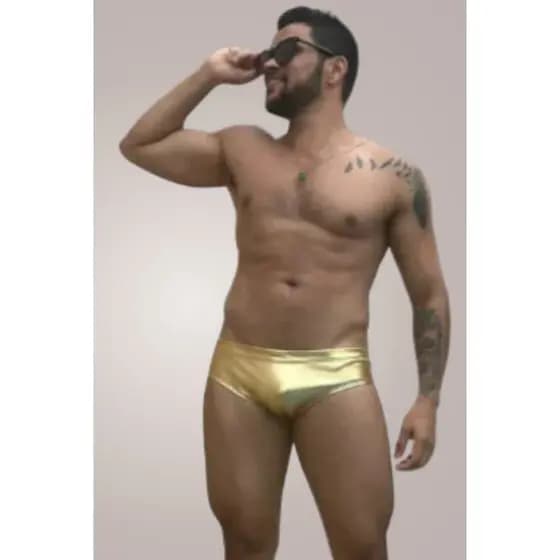 Sunga Slim Malha Metal Dourado Moda Praia Masculina Verão Piscina Confortável