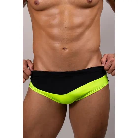 Sunga Slim Neon Amarelo Com Preto Moda Praia Masculina Verão Piscina Confortável