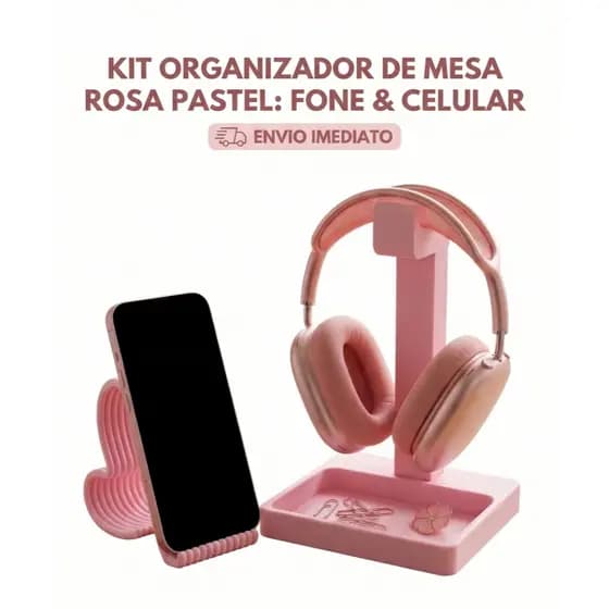 Organizador de Mesa Porta Celular Coração + Suporte Headphone com Porta Treco