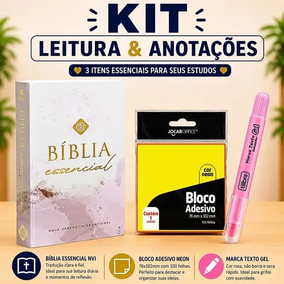 Kit Bíblia Sagrada Essencial Rosa + Bloco Adesivo + Marca Texto