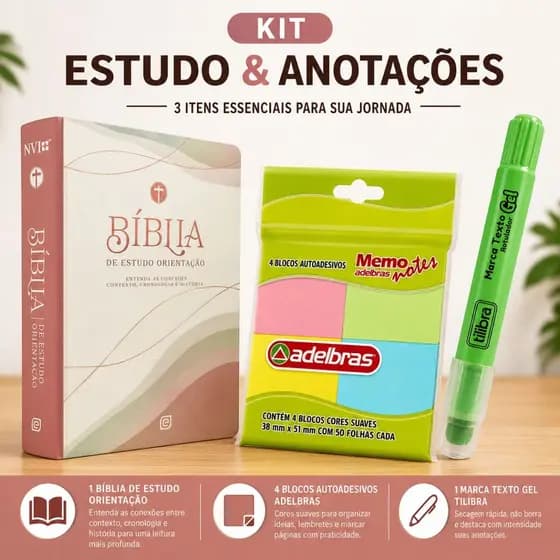 Kit Bíblia De Estudo Orientação Rose + Bloco Adesivo + Marca Texto