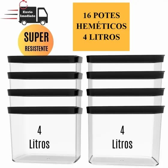 Conjunto Com 16 Potes Herméticos 4 Litros Kit 16 potes Hermeticos 4000ml Porta Mantimentos para grãos arroz ração