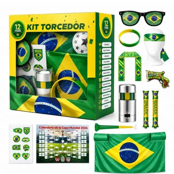 Combo Torcedor Copa Brasil 2026 Kit 12 Itens Bandeira Óculos Pulseira Vuvuzela Pintura Adesivo