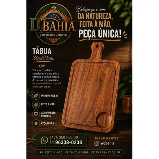 Tábua Artesanal em Madeira Nobre 30x60cm – Feita à Mão | Premium