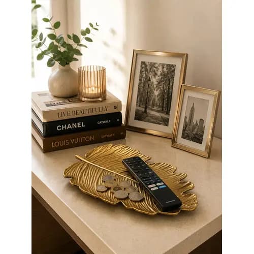 Bandeja Decorativa Folha Centro Mesa Dourado Luxo Moderna Dourado