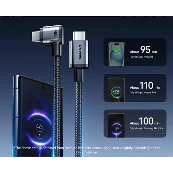 Rocoren 90 graus usb tipo c cabo cotovelo tipo-c usbc pd100w cabo de carregamento rápid