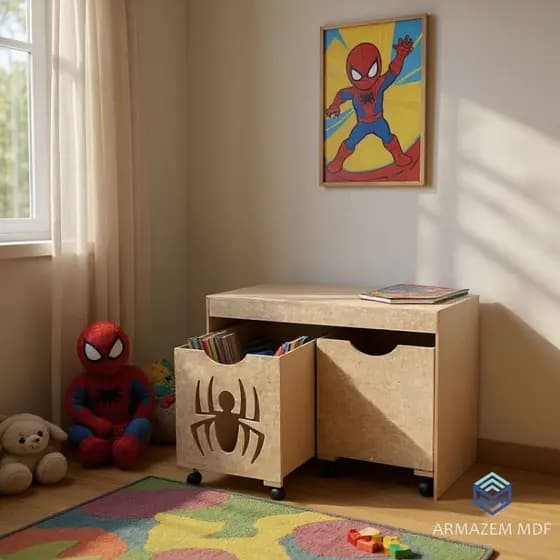 Organizador de Brinquedos Heróis Bancada Infantil 2 Gavetas Com Rodinhas em MDF