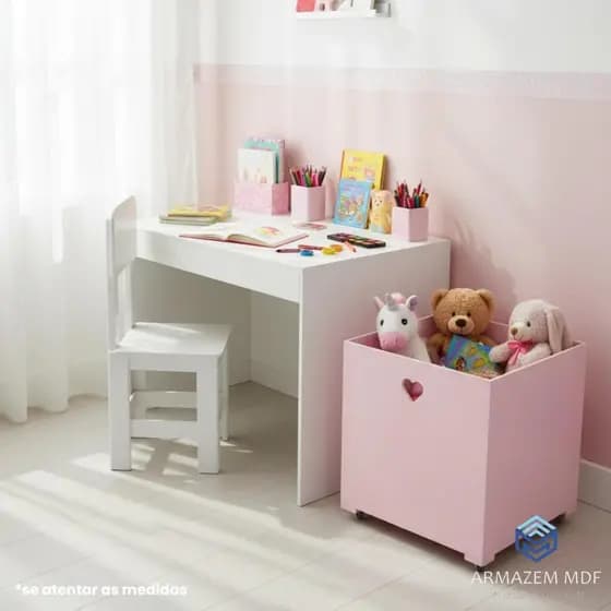 Mesa Infantil Com Cadeirinha e Caixa Organizadora com Rodinhas MDF