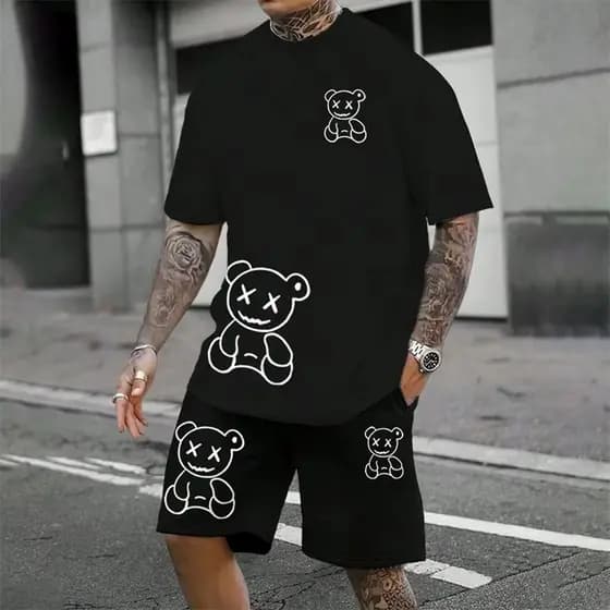 Conjunto de Camiseta e Short Bear Drawn Camisa Estampada e Bermuda Casual Leve Algodão