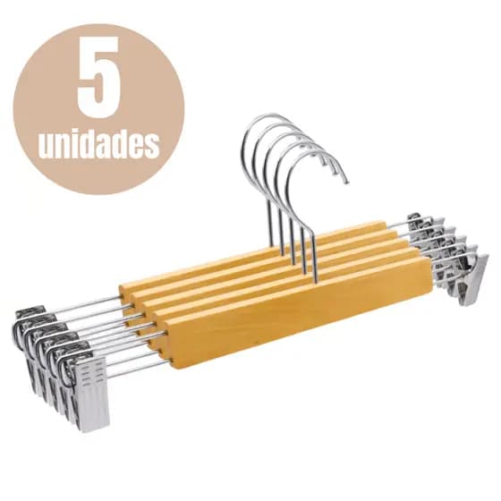 Kit 5 Cabides Madeira Presilha Reto Envernizado Marfim Adulto Premium Calça Vestido Saia Bermuda