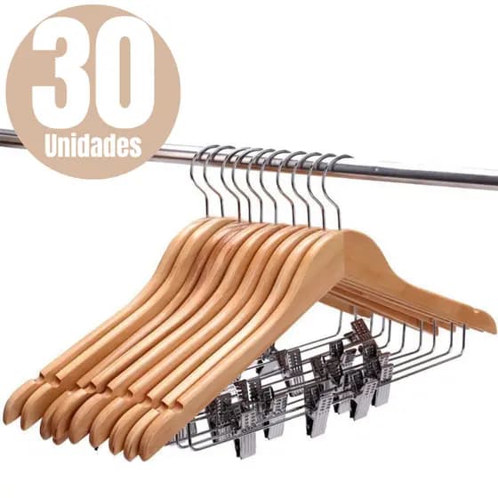 Kit 30 Cabides Madeira Presilha Marfim Envernizado Premium Adulto Saia Vestido Calça Bermuda