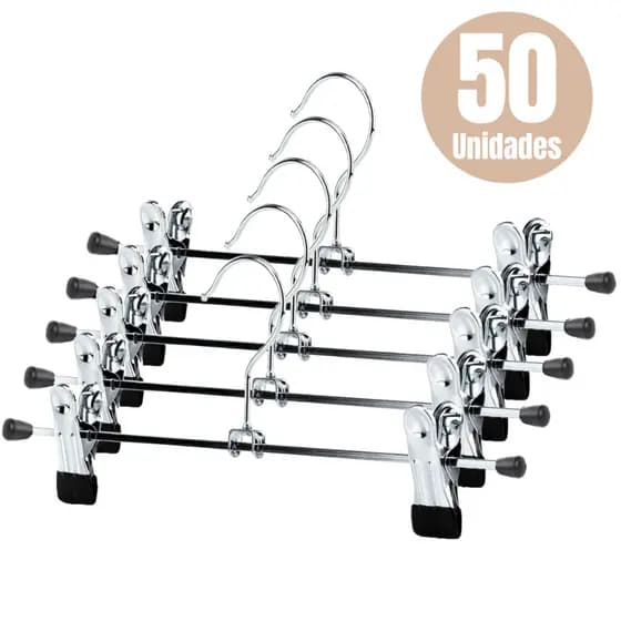 Kit 50 Cabides Presilha Metal Cromado Premium Para Saia Calça Bermuda Vestido Atacado