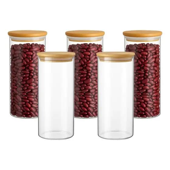 Kit 5 Potes De Vidro Hermetico Borossilicato 950ml Com Tampa De Bambu Mantimentos Macarrão Cereal