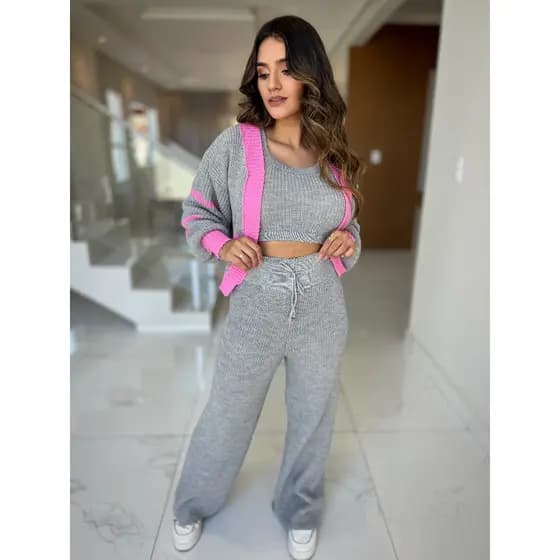 Conjunto Feminino Trijunto 3peças Casaco Cropped Calça Pantalona de Tricô Moda Outono/Inverno Tricot