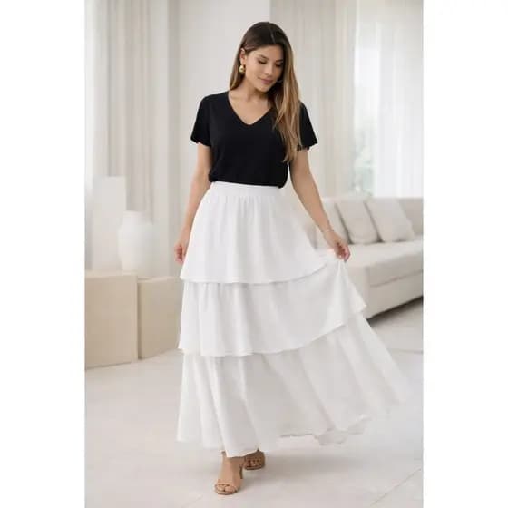 Saia Longa Feminina Três Marias Em Camadas Cintura Elástica Elegante Luxo Sofisticada