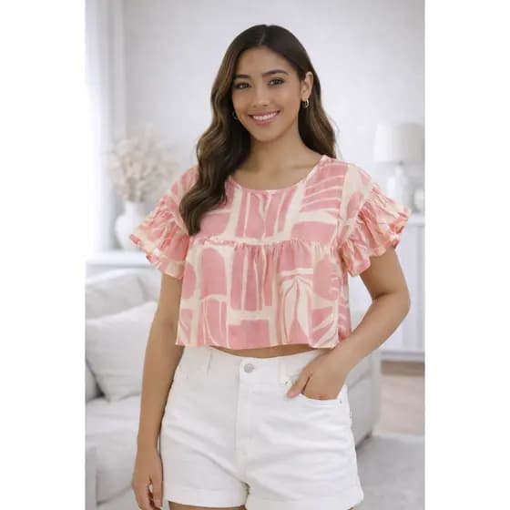 Blusa Semi Cropped Feminina Manga Curta Estampada Casual Verão Várias Estampas