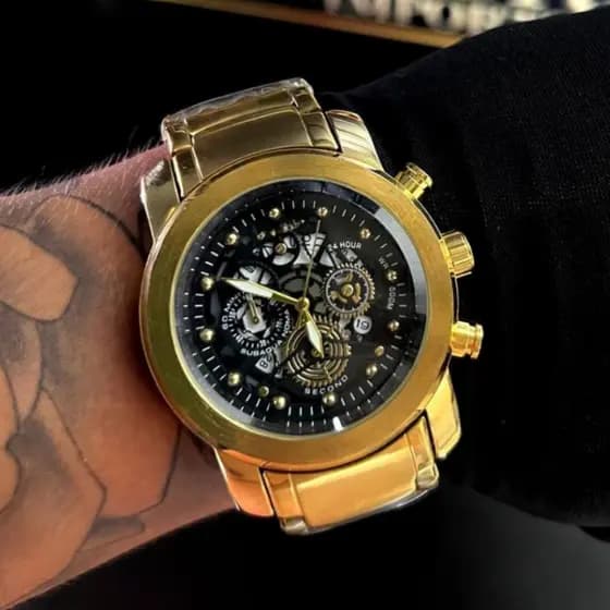 Relógio Masculino Esqueleto Resistente a água Dourado e Prata Social Em Aço inoxidável Banhado a Ouro 18K Com Caixinha