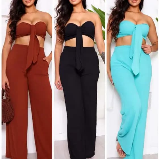 Conjunto Feminino Duna Estiloso Calça Pantalona ,Cropped com Bojo e Laço – Casual e Elegante"Confort
