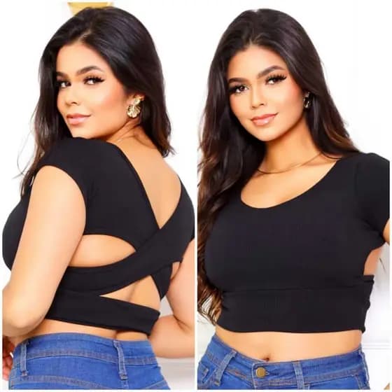 Cropped Anaruga Feminino Manga Curta Com Bojo na Frente Blusa com detalhe na costas