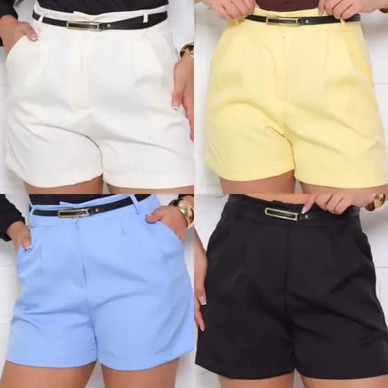 Short Feminino Alfaiataria Sintura Alta, Bolsos Laterais, Acompanha sinto, Cimento Perfeito