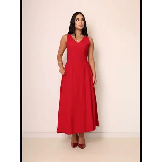 Vestido midi elegante, liso, sem mangas, com decote em V e bainha larga para uso casual