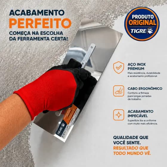 Desempenadeira Profissional Aço Inox 35cm Cabo Aberto Tigre Massa Corrida
