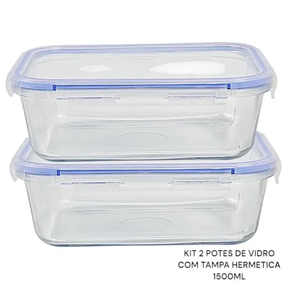 Kit Potes Vidro Marmita Tampa Hermética 4 Travas Forno Micro-ondas Freezer Vasilha Refratário 1500ML