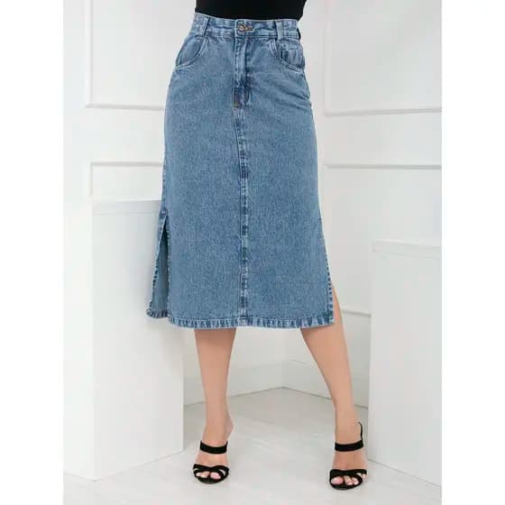 WL Moda Saia midi Jeans Feminina Cintura Alta