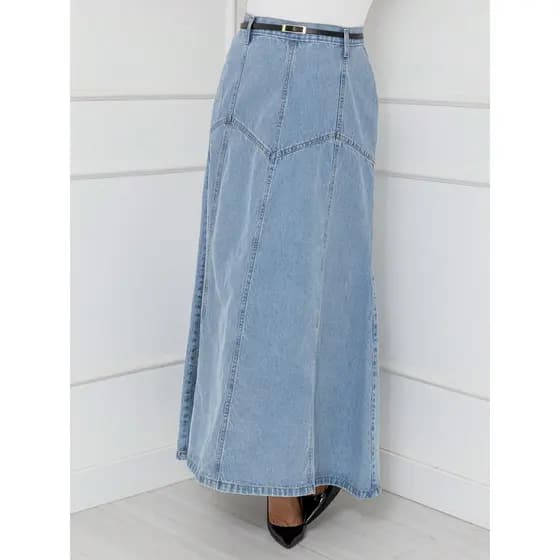 WL Moda Saia Jeans longo Com Cinto Feminina Ligeiramente Dobrada Tecido Grosso