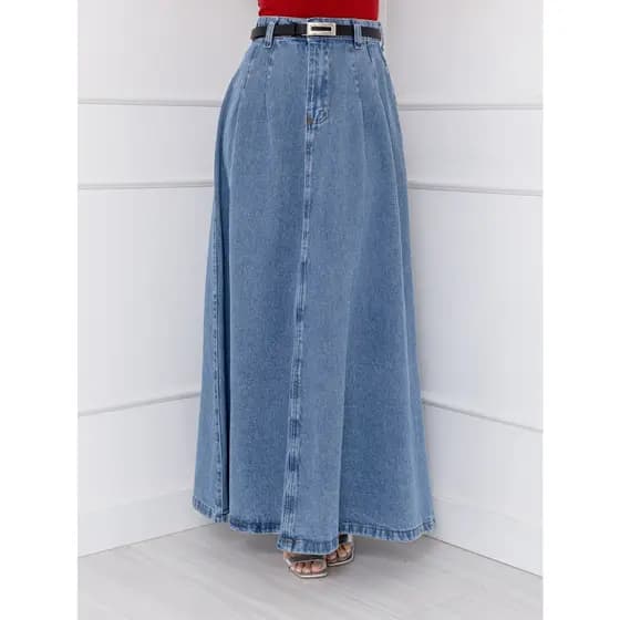 WL Moda Saia Jeans longo Feminina Ligeiramente Dobrada Tecido Grosso cintura alta