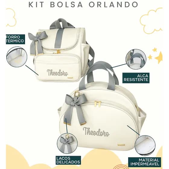 Kit Maternidade 2 Peças Bolsa e Mochila Personalizado Térmica Impermeável, Coleção Orlando