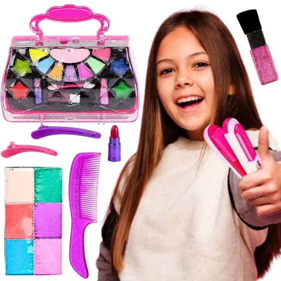 Brinquedo kit de beleza infantil camarim completo presente para menina 5 anos estojo de maquiagem studio salão + chapinha faz mechas coloridas prancha de cabelo para colorir pintar make brinq
