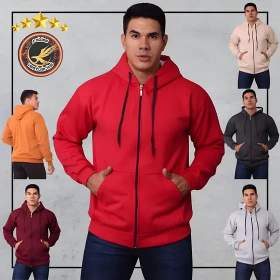 Blusa de moletom masculino canguru com ziper capuz forrado e bolsos