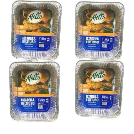 Kit 4un Assadeira Aluminio Retangular 3 Litros Mello Natal
