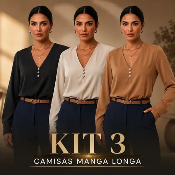 KIT 3 BLUSAS MANGA LONGA ELEGANTE CAMISA SOCIAL MANGA COMPRIDA SOCIAL PLUS SIZE