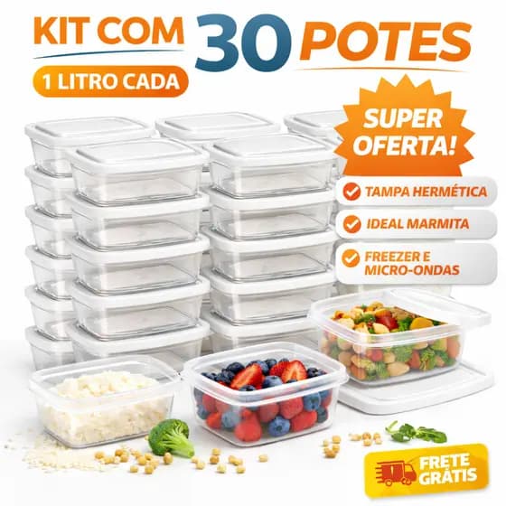 Kit 30 Potes Marmitas 1KG Plástico Transparente com Tampa | Marmita Freezer Microondas