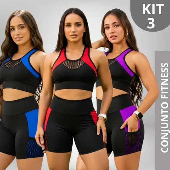 KIT 3 Conjunto Fitness Feminino Top + Short Cós Alto Roupa de academia Feminina Cropped Ginastica