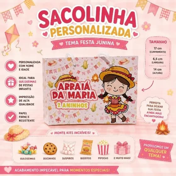 Sacolinha personalizada festa junina menina/Arraiá/São João/ Lembrancinhas infantil/ Fazemos qualquer tema