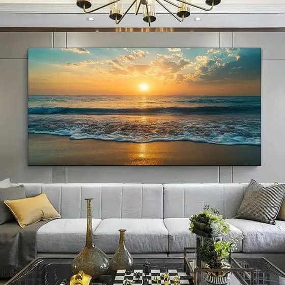 Quadro Decorativo Paisagem Praia ao Pôr do Sol Marinha Moderna Para Sala Quarto Hall Luxo